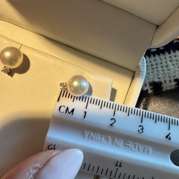 Gold Cultured Pearl and Diamond Earrings - Picture 8 of 8